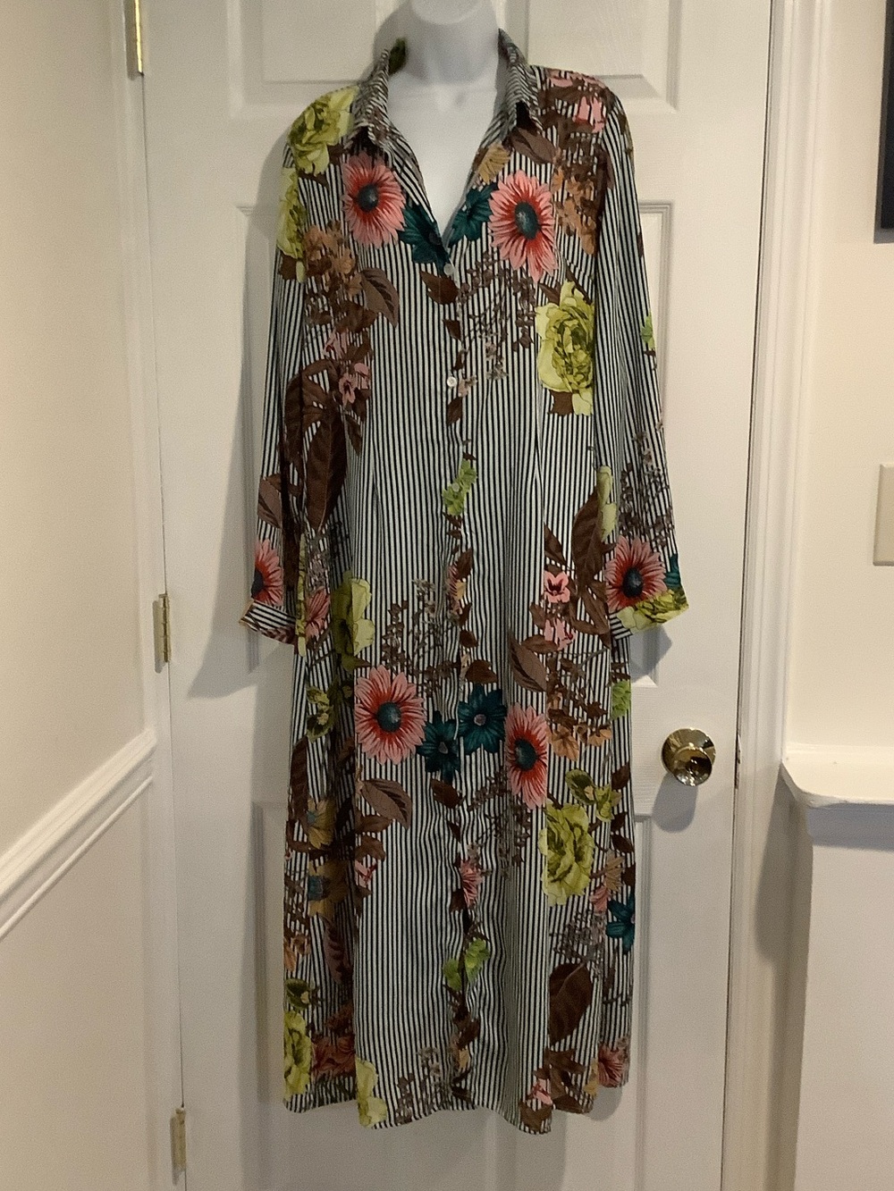 SASON Multicolor Floral Striped Maxi Full Length Button Down Fall Shirt Dress XL